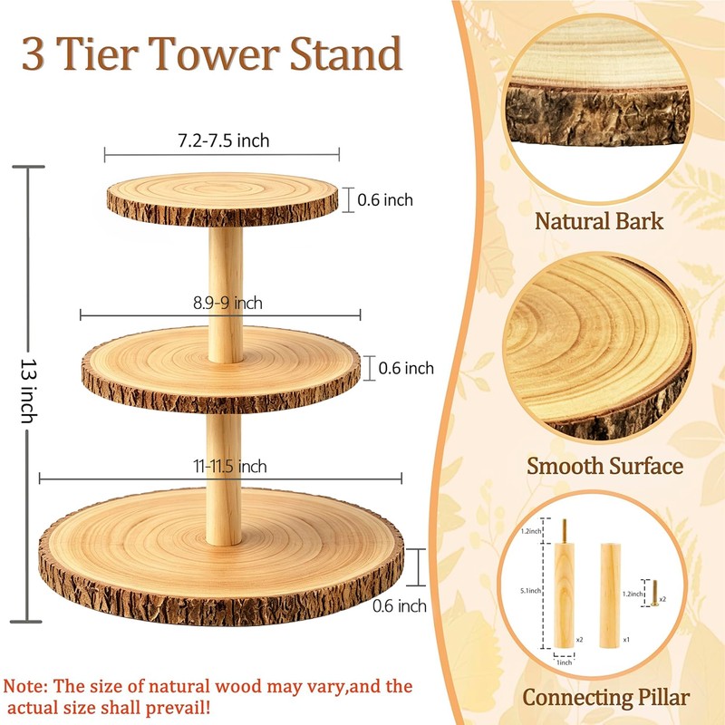 3-Tier Round Wooden Cupcake Stand, Rustic Natural Bark Wood Dessert