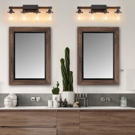 Feohak 4-Light Bathroom Vanity Light, Farmhouse Bathroom Fixtures Over Mirror, Rustic Industrial Wood Black Wall Lamp Sconce Light with Clear Glass Shade