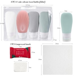 Baoton 4Pcs Travel Bottles for Toiletries 7Pcs Compression Towel, 2oz TSA Approved Portable Silicone Travel Bottles Leak Proof Squeezable Travel Size Containers Accessories Essentials for Traveling