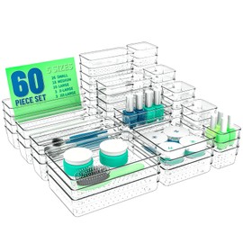 Yieach 60 Pc Clear Plastic Drawer Organizer Set,5 Sizes In Drawer Trays for Bathroom,Office,Kitchen Cabinet and Vanity Organizers,Desk Organizer Bins for Jewelry,Cosmetic,Utensil,Junk | Yieach