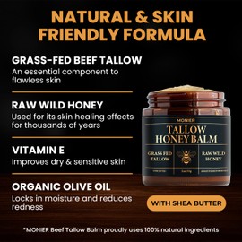 Tallow and Honey Balm for Face, Beef Tallow for Skin, Moisturizer with 100% Organic Grass-Fed Beef Tallow & Raw Wild Honey - Natural Formula for Dry & Sensitive Skin (Unscented)
