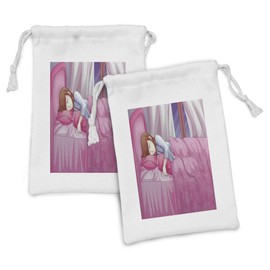 Ambesonne Anime Fabric Pouch Set of 2, Cartoon Illustration of a Sleeping Girl Japanese Culture Manga Themed Style Artwork Print, Small Drawstring Bag for Toiletries Masks and Favors, 9" x 6", Pink