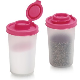 SIGNORAWARE Salt and Pepper Shakers Moisture Proof Set of 2 Large Salt Shaker to go Camping Picnic Outdoors Kitchen Lunch Boxes Travel Spice Set Clear with Pink Lids Plastic Airtight Dispenser