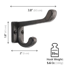 5 Pack Decorative Cast Iron Heavy Duty Double Hooks, Wall Mounted Coat Hooks , Vintage Inspired (Antique Black) (Modern Type)