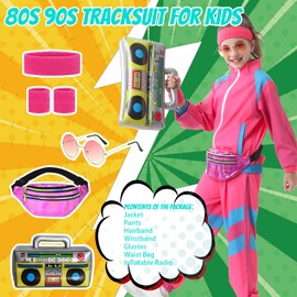 TIMSOPHIA 80s Tracksuit for Kids, 90s Outfits Boys Girls Hip Hop Dance Costume for Retro Theme Party, Colorblock Jacket, Pink, 11-12 years