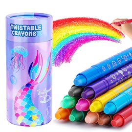 JYPS Mermaids Washable Crayons for Toddlers, 12 Colours Non-Toxic Twistable Crayons with Pen Holder, Easy to Hold Silky Large Crayons, Travel Drawing Colouring Crayons Set Gift for 3-7 Girls