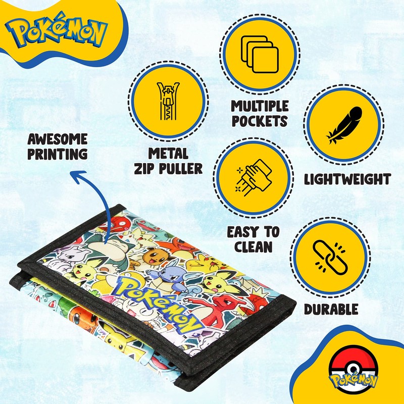 PoKéMoN Wallet for Boys & Kids, Trifold Purse Canvas Velcro