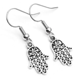 Hamsa Charm Earrings, Tibetan Silver Charms on Nickel Free Antique Silver Tone Hooks : 33mm long, Fatima's Hand Drop Earrings, Spiritual Gift for Women