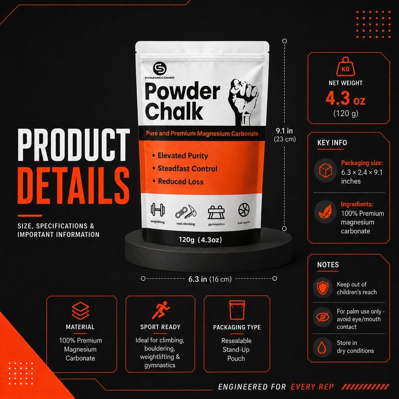 DYNAMICCOMBO Premium Sports Chalk Powder, Ultra-Fine & Resealable Bag, 120g