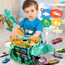 Pardofelis Transport Truck Toy Cars for Boys Aged 3 4 5 6 7 Years, Portable Dinosaur Truck Toy Car with 10 Racing Cars, Car Transporter Toy Set for Children (Green)