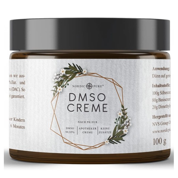 DMSO Creme Dimethylsulfoxid 99,9% Reinheit - in einer hochwertigen Basicreme nach DAC Deutschem Apotheken Codex - im braunen Apotheker Glastiegel - 100ml
