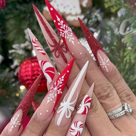 24Pcs Christmas Press on Nails Long Almond False Nails with Snowflake Candy Bow Cane Designs Acrylic Stick on Nails Red Sparkly French Tips Artificial Nails for Women Xmas Winter Nail Decorations