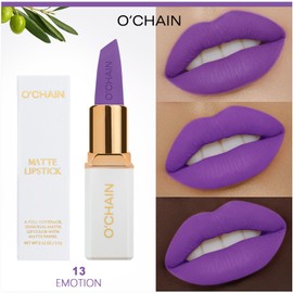O'CHAIN Purple Matte Lipstick, Long Lasting Full Coverage Non-Transfer Lipstick for Women Infused with Jojoba Oil and Vitamin E, Cruelty-Free & Vegan (13 EMOTION) 0.12 Oz