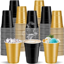 cssopenss 120 pcs 16 oz black and gold plastic cups Graduation plastic Cups Birthday Cups 16 oz Black and Gold Cups for party drinking Tastings served Snacks Barbecues Picnics