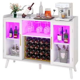 DWVO Wine Bar Cabinet with Led Lights & Power Outlets, 53" Coffee Bar Cabinet for Liquor and Glasses, Modern Buffet Sideboard with Storage for Kitchen, Dining & Living Room, White