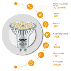 WSMCN MR16 GU10 LED Bulbs Non-Dimmable, Daylight Bright,Warm White 3000K 895LM, 7W 120V LED 100W Halogen Equivalent, PAR16 LED Bright Light Bulb, Beam Angle 120°, Pack of 6