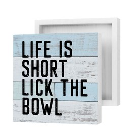Life is Short Lick the Bowl Sign, Funny Toilet Wood Box Sign, Kitchen Signs for Above Cabinets, Toilet Bathroom Washroom Kitchen Decor, Home Wood Block Plaque, Desk Shelf Sign Decoration 5x5 Inches