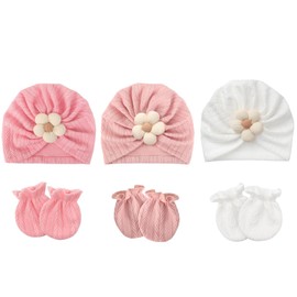 DRESHOW Newborn Baby Hat and Gloves Set Beanie Clothing Unisex Infant Hat Nursery Hat Baby Boys Girls 0-6 Months, 3 sets: flower hats & mittens 58-f01