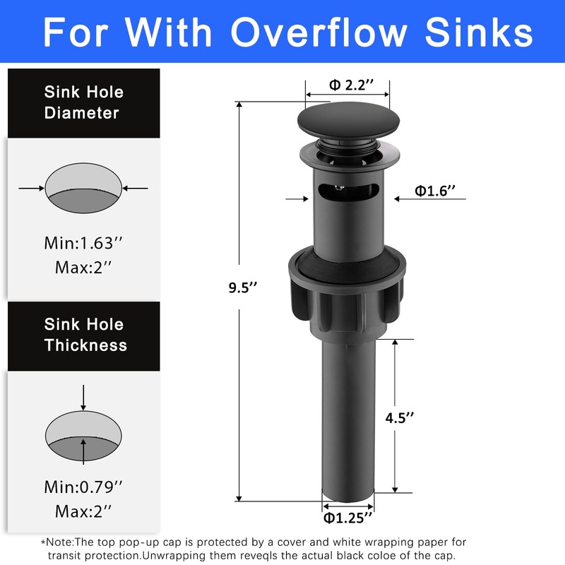 Matte Black ABS Pop Up Sink Drain with Overflow for