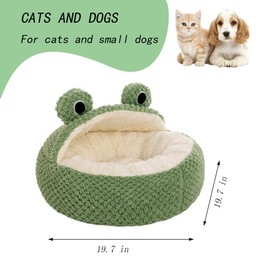 KIDDCW Cute Frog Hooded Cat Bed with Non-Slip Bottom, Covered Round Fluffy Frogs Cave Green, Semi-Closed Pet Mat for Cats and Small Dogs