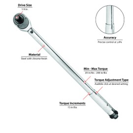 Performance Tool M201 1/4-Inch Drive Click Torque Wrench (20 to 200 inch/lbs)