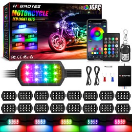 Hobaoyee 16Pcs Motorcycle LED Light Kit, 12 LEDs SMD Chips Magic-RGB Multicolor Lights, Underglow Kit with APP/RF Remote Control, Fit Most Motorcycles, ATV, UTV