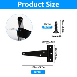 12-Pack Heavy Duty 4" T-Strap Gate Hinges for Outdoor Doors, Wooden Fences, Barns & Sheds - Black