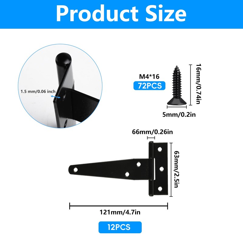 12-Pack Heavy Duty 4" T-Strap Gate Hinges for Outdoor Doors,