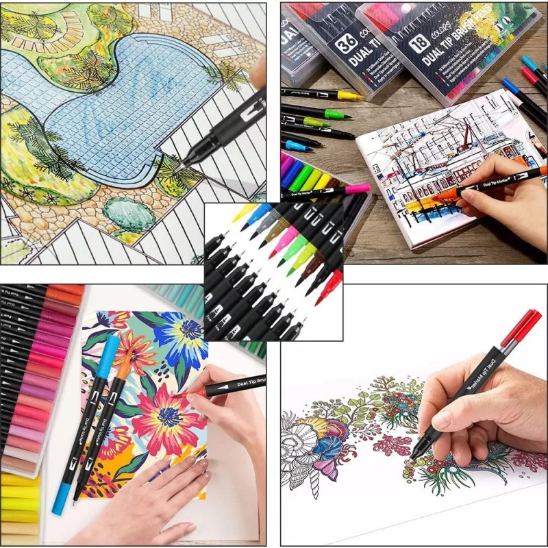 Brooks 12pz Plumones Doble Punta Pincel Y Rotulador Colores Mixtos