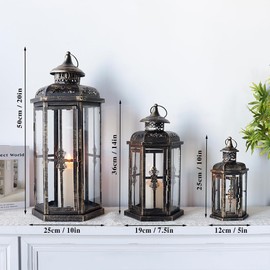 JHY DESIGN Set of 3 Decorative Candle Lanterns 20''&14"&10" H Outdoor Candle Lanterns Vintage Metal Cand leholder for Indoor Outdoor, Events, Parities and Weddings(Black with Gold Brush)