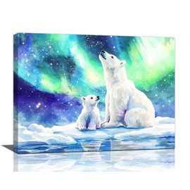 Olivine Polar Bear Wall Art, Northern Lights Pictures Wall Decor,Watercolor Polar Landscape Canvas Prints Paintings, Framed Artwork for Bathroom Bedroom Living Room Office Home Decoration 16"x12"