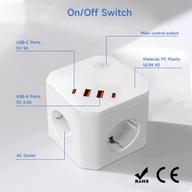 4-Way USB Multiple Socket with Switch - Socket Cube & 2 Types USB Ports for Office/Household, 1.8 Metres