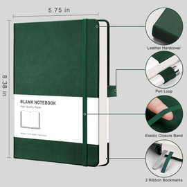 RETTACY Notebook A5 Blank Pack of 2 - 384 Pages Unlined Notebooks with 100gsm Blank Paper, Pen Loop, Inner Pocket, for Sketching School Women Men 14.5 x 21 cm Green