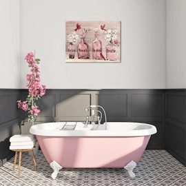Farmhouse Pink Flower Bathroom Decor Wall Art Rustic Floral Cardinal Fashion Bathroom Pictures Wall Decor Relax Soak Unwind Sign Canvas Painting Prints Artwork Decorations Framed for Bathroom 24"x16"
