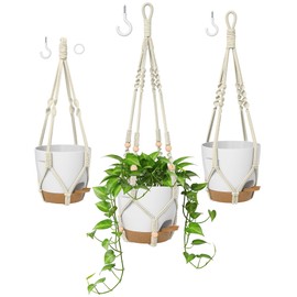 Macrame Plant Hangers for Indoor and Outdoor Use, Set of 3 Hanging Plant Pots Holders with Hooks, Ivory Cotton Rope, Tassel-Free, Fits 6" to 10" Pots, Rope Lengths 35", 26", 20", (No Pots Included)