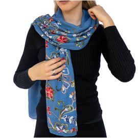 NELUHA Scarves Lightweight Cotton Embroidered Floral Pattern Women Blue, blue
