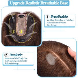 POWERASIA Clip on Real Human Topper with Remy Hair, No Bangs, 150% Density Silk Base, Upgrade Thinning Hair Wiglet, 6 Inch '#04' Black