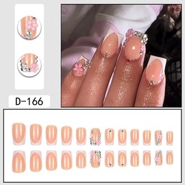 Short Press on Nails Square Fake Nails with Flower & Rhinestone Designs White French Tip False Nails Glossy Pink Glue on Nails Spring Summer Acrylic Nails Full Cover Stick on Nails for Women Girl