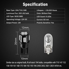 BRISHINE 194 LED Bulbs Extremely Bright Brilliant Red 5630 Chipsets 168 2825 175 T10 W5W LED Replacement Bulbs for Interior Map Dome Courtesy Door License Plate Lights(Pack of 10)