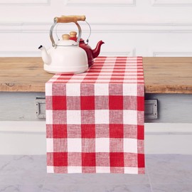 Solino Home Linen Check Table Runner 60 inches Long – 100% Pure Linen Red and White Buffalo Plaid Valentines Day Table Runner 14 x 60 Inch – Farmhouse Table Runner for Spring