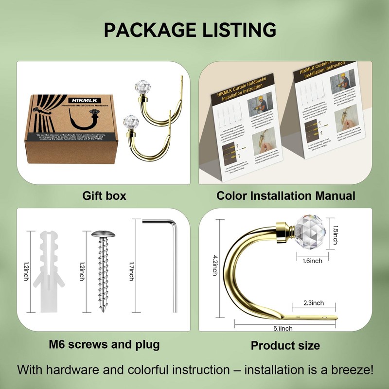 HIKMLK Crystal Curtain Holdbacks 2pcs, Metal Curtain Tieback Pull Back