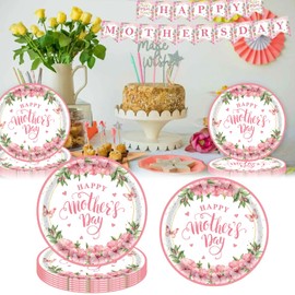 20 Pcs Happy Mother's Day Disposable Floral Paper Plates 9 Inch Round Flowers Butterfly Happy Mother's Day Dinner Plates Supplies for Mom's Day Party Family Dinner Table Decorations