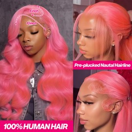 Nihonwe Pink 13x6 Lace Front Wigs Human Hair Body Wave Pink Human Hair Wigs for Women 200% Density Glueless HD Transparent Lace Frontal Wigs Pre Plucked 26 Inch