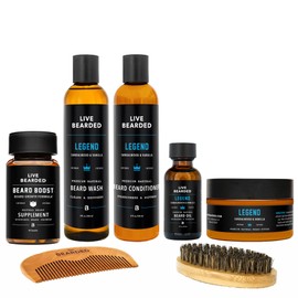 Live Bearded Total Beardsman Kit - Complete Beard Growth Kit for Men - Beard Oil, Butter, Wash, Conditioner, Vitamins, Comb, Brush | Legend - Sandalwood, Vanilla