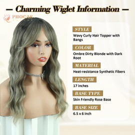 PHOCAS Hair Toppers for Women with Thinning Hair Topper with Bangs 17 Inch Long Curly Wavy Clip In Topper Synthetic Realistic Ombre Dirty Blonde Toppers Dark Root Wiglets Hairpieces for Women