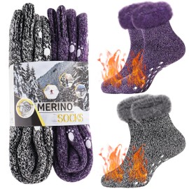 Jeasona 2 Paare Wollsocken Damen 37-42 Abs Merino Socken Damen Kuschelsocken Damen mit Stopper Antirutsch Thermosocken Damen Wandern Dicke Socken Damen 37-42 mit Noppen Wintersocken Wärmesocken