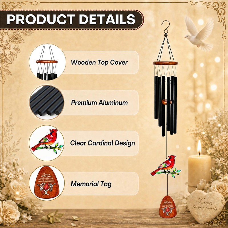 Memorial Wind Chimes for Loss of Loved One, 36" Cardinal