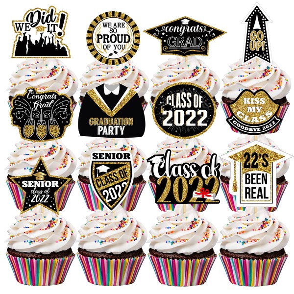 Decoración grande para cupcakes de graduación 2022 – Paquete de 12 | Decoración para cupcakes de graduación 2022 para decoraciones de fiesta de graduación negro y dorado 2022 | Decoración para tartas de graduación 2022 para decoraciones de graduación 202