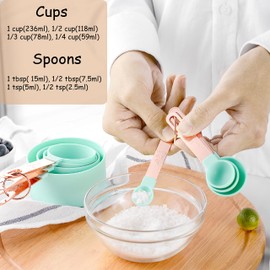 Rose Gold Stainless Steel Handle Measuring Cups and Spoons Set, 8 Piece Stackable Accurate Tablespoon for Measuring Dry and Liquid Ingredients Small Teaspoon with Plastic Head (Green)