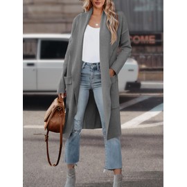 Women's Open Front Knited Loose Cardigan Casual Long Sleeve Draped Knit Pockets Long Jackets Sweater Grey